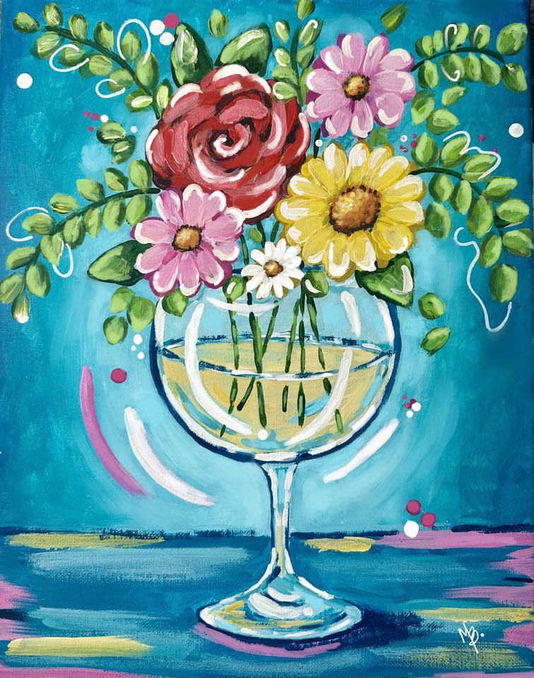 Sip and Blooms Paint Kit | 11x14 DIY Pre-Drawn Canvas with Instructions | Floral Craft