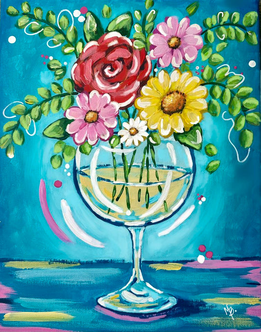 Sip and Blooms Paint Kit | 11x14 DIY Pre-Drawn Canvas with Instructions | Floral Craft