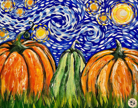Starry Night Pumpkins 11x14 Canvas Paint Kit – DIY Art Set All Ages, Traced Canvas, Brushes & Instructions, Quality Craft Project Gift