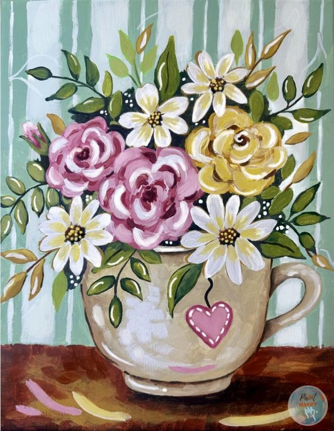 Tea Time Florals Paint Kit | 11x14 DIY Pre-Drawn Canvas with Instructions | Craft Time Fun