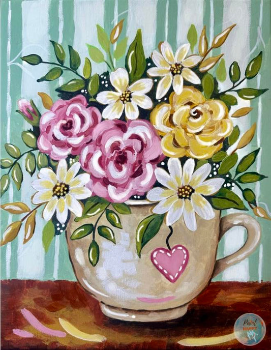 Tea Time Florals Paint Kit | 11x14 DIY Pre-Drawn Canvas with Instructions | Craft Time Fun