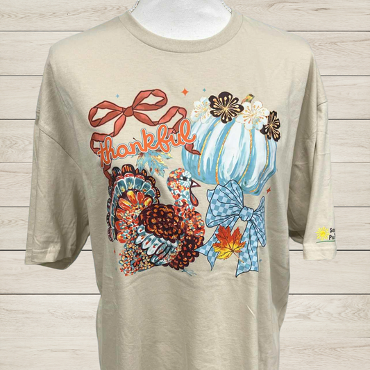 Thankful Turkey and Pumpkin Shirt | Fall Thanksgiving Graphic Tee | Country Patchwork Pumpkin Shirt | Cute Autumn Turkey T-Shirt