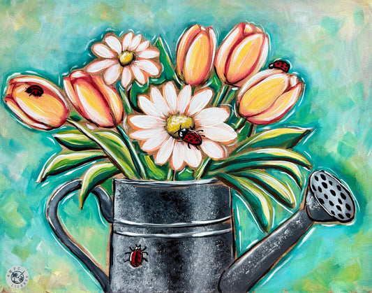 Watered with Love Paint Kit | 11x14 DIY Pre-Drawn Canvas with Instructions | Florals Craft Time