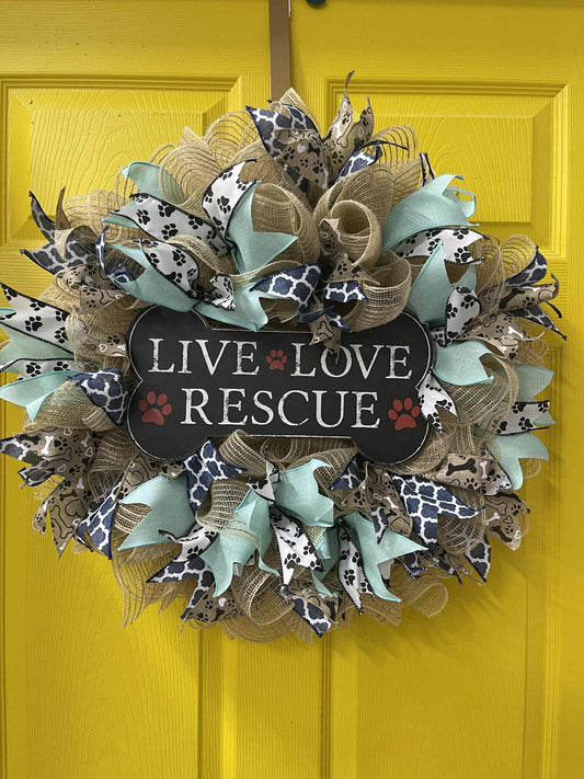 Live Love Rescue Wreath – Handmade Pet Lover Front Door Décor, Rustic Farmhouse Dog Rescue Wreath with Paw Print Ribbons
